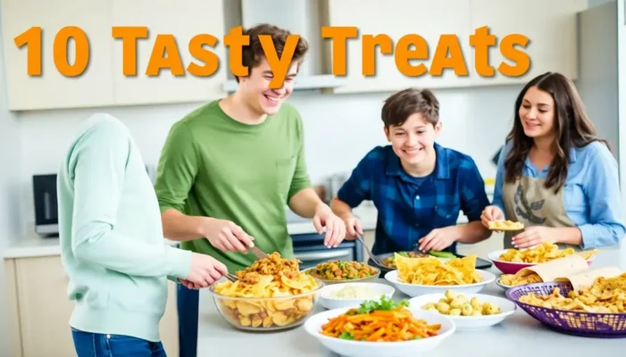 Teens in a kitchen preparing and eating colorful quick meals like nachos and wraps.